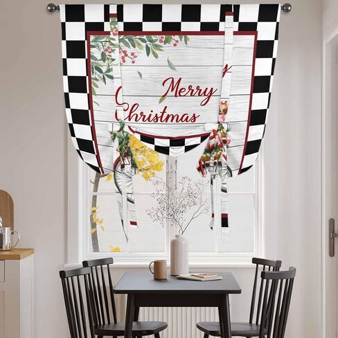 Christmas Tie Up Curtains for Window, Winter Xmas Tree Farmhouse Wooden Grain Plaid Thermal Insulated Balloon Shade Adjustable Rod Pocket Curtains Valance Panels for Kitchen Bathroom Café 42'' x 45'' in Saudi Arabia