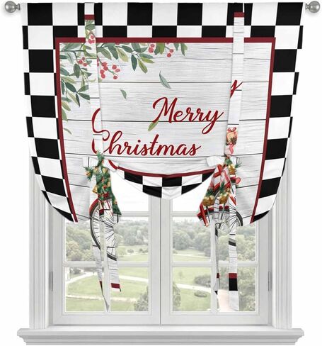 Christmas Tie Up Curtains for Window, Winter Xmas Tree Farmhouse Wooden Grain Plaid Thermal Insulated Balloon Shade Adjustable Rod Pocket Curtains Valance Panels for Kitchen Bathroom Café 42'' x 45'' in Saudi Arabia
