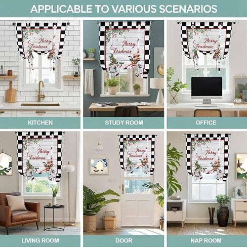 Christmas Tie Up Curtains for Window, Winter Xmas Tree Farmhouse Wooden Grain Plaid Thermal Insulated Balloon Shade Adjustable Rod Pocket Curtains Valance Panels for Kitchen Bathroom Café 42'' x 45'' in Saudi Arabia