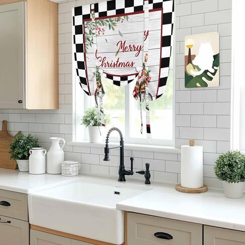 Christmas Tie Up Curtains for Window, Winter Xmas Tree Farmhouse Wooden Grain Plaid Thermal Insulated Balloon Shade Adjustable Rod Pocket Curtains Valance Panels for Kitchen Bathroom Café 42'' x 45'' in Saudi Arabia