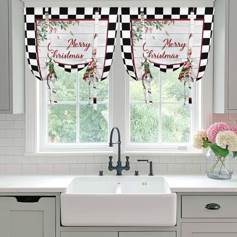 Christmas Tie Up Curtains for Window, Winter Xmas Tree Farmhouse Wooden Grain Plaid Thermal Insulated Balloon Shade Adjustable Rod Pocket Curtains Valance Panels for Kitchen Bathroom Café 42'' x 45'' in Saudi Arabia