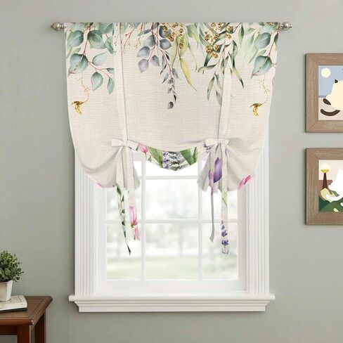 Pink Tulips Tie Up Curtains for Window, Spring Floral Green Eucalyptus Leaves Rustic Thermal Insulated Balloon Shade Adjustable Rod Pocket Curtains Valance Panels for Kitchen Bathroom Café 42'' x 54'' in Saudi Arabia
