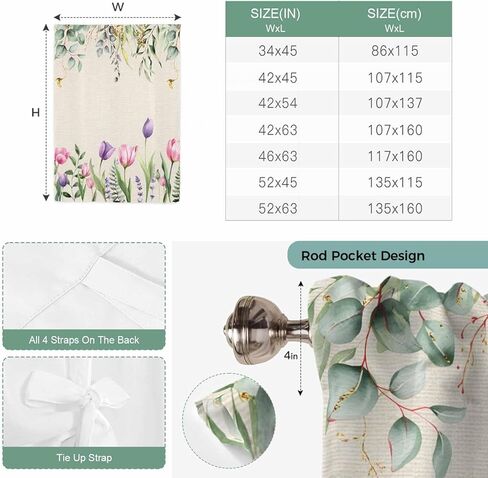 Pink Tulips Tie Up Curtains for Window, Spring Floral Green Eucalyptus Leaves Rustic Thermal Insulated Balloon Shade Adjustable Rod Pocket Curtains Valance Panels for Kitchen Bathroom Café 42'' x 54'' in Saudi Arabia