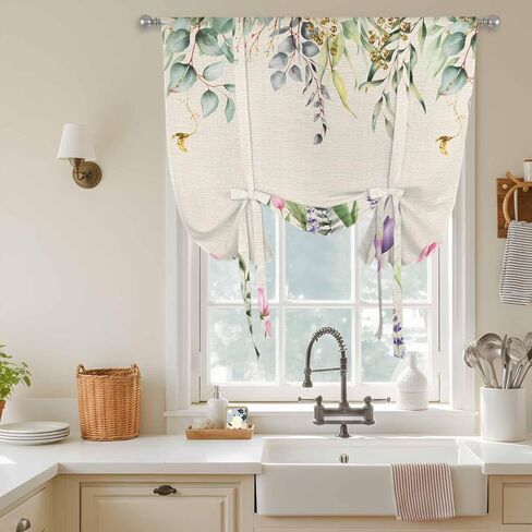 Pink Tulips Tie Up Curtains for Window, Spring Floral Green Eucalyptus Leaves Rustic Thermal Insulated Balloon Shade Adjustable Rod Pocket Curtains Valance Panels for Kitchen Bathroom Café 42'' x 54'' in Saudi Arabia