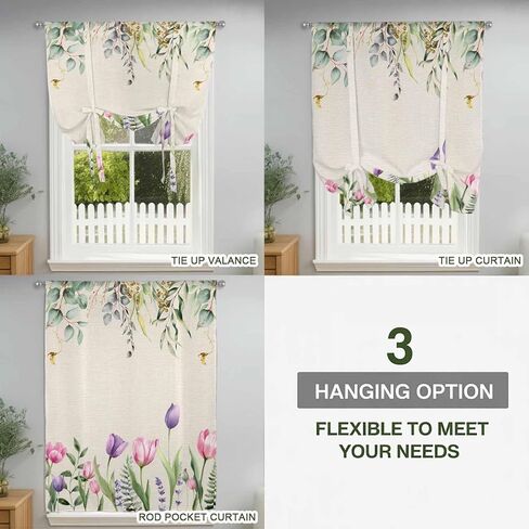 Pink Tulips Tie Up Curtains for Window, Spring Floral Green Eucalyptus Leaves Rustic Thermal Insulated Balloon Shade Adjustable Rod Pocket Curtains Valance Panels for Kitchen Bathroom Café 42'' x 54'' in Saudi Arabia