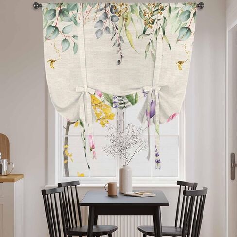 Pink Tulips Tie Up Curtains for Window, Spring Floral Green Eucalyptus Leaves Rustic Thermal Insulated Balloon Shade Adjustable Rod Pocket Curtains Valance Panels for Kitchen Bathroom Café 42'' x 54'' in Saudi Arabia