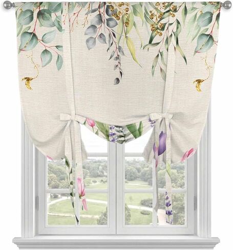 Pink Tulips Tie Up Curtains for Window, Spring Floral Green Eucalyptus Leaves Rustic Thermal Insulated Balloon Shade Adjustable Rod Pocket Curtains Valance Panels for Kitchen Bathroom Café 42'' x 54'' in Saudi Arabia
