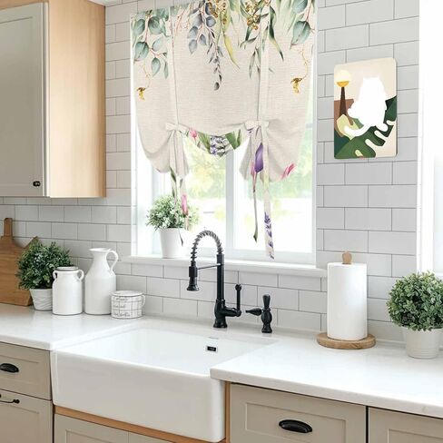 Pink Tulips Tie Up Curtains for Window, Spring Floral Green Eucalyptus Leaves Rustic Thermal Insulated Balloon Shade Adjustable Rod Pocket Curtains Valance Panels for Kitchen Bathroom Café 42'' x 54'' in Saudi Arabia