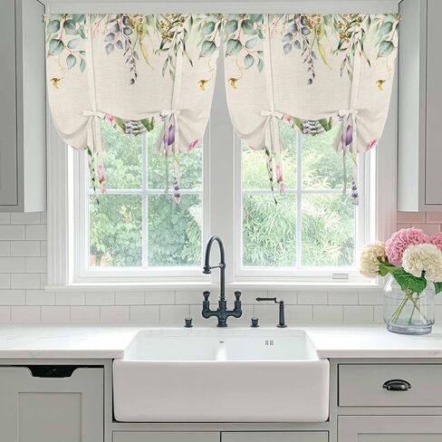 Pink Tulips Tie Up Curtains for Window, Spring Floral Green Eucalyptus Leaves Rustic Thermal Insulated Balloon Shade Adjustable Rod Pocket Curtains Valance Panels for Kitchen Bathroom Café 42'' x 54'' in Saudi Arabia