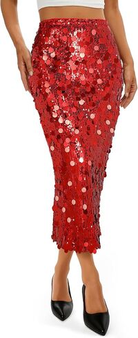 JASGOOD Sequin Skirt for Women Elastic High Waist Midi Skirt Side Slit Stretchy Sparkle Skirts for Night Out Cocktail Parties in Saudi Arabia