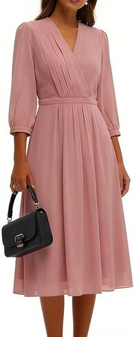 فستان صيفي نسائي 3/4 كم فستان بوهو غير رسمي برقبة على شكل حرف v مطوي وأربطة ملفوف فستان متوسط ​​الطول فساتين زفاف الضيوف in Kuwait