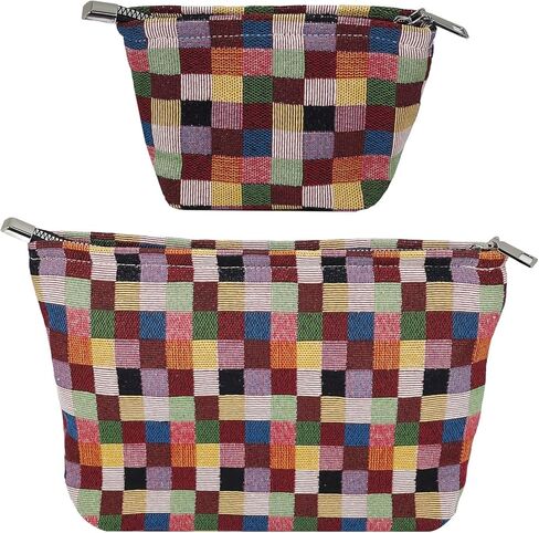 2 Pcs Checkered Makeup Bag Set Canvas Cosmetic Pouch for Women Large & Small Cute Preppy Aesthetic Travel Toiletry Pouch Organizer for Purse Skincare Brushes, Multicolor in Saudi Arabia