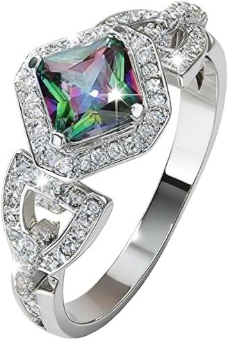 Classic Style 925 Silver Plated Emerald Cut Women Cocktail Wedding Jewelry 18K White Gold Mystic Topaz Fire Rainbow Rings Engagement Ring Solitaire Engagement Ring 7# in Saudi Arabia