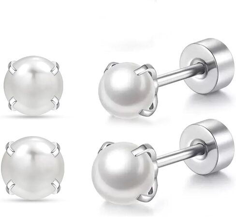 2 pairs Titanium Flat Back Earrings,Silver Pearl Stud Earrings for Women Screw Back Studs for Girls Hypoallergenic Cartilage Nap Sleep Earrings Helix Jewelry in Saudi Arabia