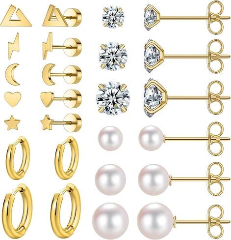 11 زوجًا من الأقراط الجراحية المصنوعة من الفولاذ لثقب متعدد خفيف الوزن وأقراط هوجي هوب الصغيرة أقراط تشيكوسلوفاكيا للنساء الغضروف العصرية مزيج خالٍ من الحساسية (ذهبي/فضي/البطارخ) in Kuwait