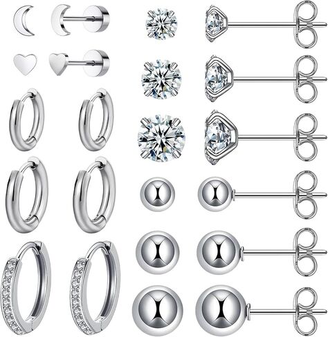 11 Pairs Surgical Steel Earrings Sets for Multiple Piercing Lightweight Small Huggie Hoop Earrings CZ Stud Earrings for Women Cartilage Trendy Hypoallergenic free combination（gold/silver/roes) in Saudi Arabia