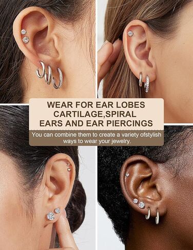 11 Pairs Surgical Steel Earrings Sets for Multiple Piercing Lightweight Small Huggie Hoop Earrings CZ Stud Earrings for Women Cartilage Trendy Hypoallergenic free combination（gold/silver/roes) in Saudi Arabia