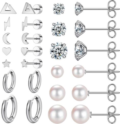 11 Pairs Surgical Steel Earrings Sets for Multiple Piercing Lightweight Small Huggie Hoop Earrings CZ Stud Earrings for Women Cartilage Trendy Hypoallergenic free combination（gold/silver/roes) in Saudi Arabia