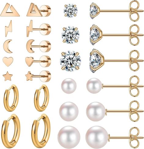11 Pairs Surgical Steel Earrings Sets for Multiple Piercing Lightweight Small Huggie Hoop Earrings CZ Stud Earrings for Women Cartilage Trendy Hypoallergenic free combination（gold/silver/roes) in Saudi Arabia