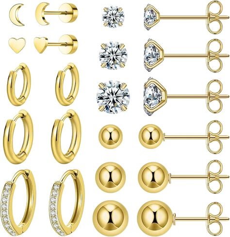 11 Pairs Surgical Steel Earrings Sets for Multiple Piercing Lightweight Small Huggie Hoop Earrings CZ Stud Earrings for Women Cartilage Trendy Hypoallergenic free combination（gold/silver/roes) in Saudi Arabia