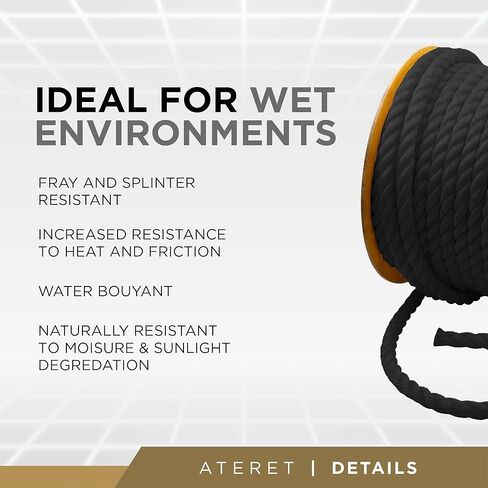ATERET Twisted 3-Strand Black Polypropylene Rope Monofilament I 1" x 50 Feet I 12,825 lbs. Tensile Strength I Lightweight & Heavy-Duty Synthetic Cord for DIY Projects, Marine, Commercial Use in Kuwait