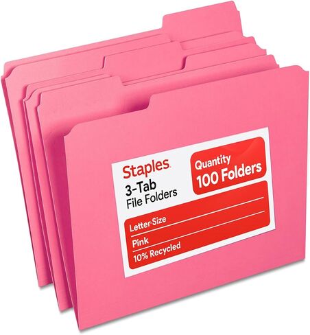 Staples 508952 Colored File Folders W/Reinforced Tabs Letter 3 Tab Pink 100/Box in Kuwait