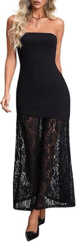 HYPERFIRE Wedding Guest Dresses for Women Summer Strapless Backless Tube Top Maxi Dress with Lace in Kuwait