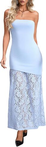 HYPERFIRE Wedding Guest Dresses for Women Summer Strapless Backless Tube Top Maxi Dress with Lace in Saudi Arabia