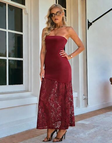 HYPERFIRE Wedding Guest Dresses for Women Summer Strapless Backless Tube Top Maxi Dress with Lace in Saudi Arabia