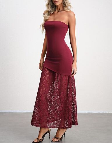 HYPERFIRE Wedding Guest Dresses for Women Summer Strapless Backless Tube Top Maxi Dress with Lace in Saudi Arabia
