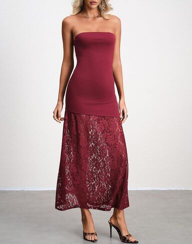 HYPERFIRE Wedding Guest Dresses for Women Summer Strapless Backless Tube Top Maxi Dress with Lace in Saudi Arabia