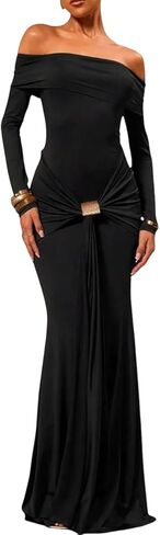 Women's Grace Maxi Dress Off Shoulder Long Sleeve Bodycon Elegant Solid Formal Gown for Wedding Guest in Kuwait