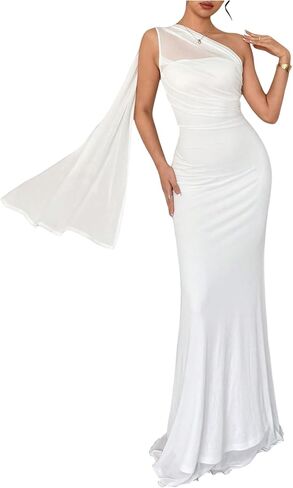 GORGLITTER Women's One Shoulder Mesh Bodycon Maxi Dress Sexy Prom Formal Sleeveless Bridesmaid Wedding Guest Dresses in Saudi Arabia