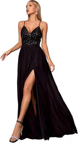 فستان نسائي طويل بحزام سباغيتي ترتر ورقبة على شكل V مع حمالة صدر مدمجة شيفون متباين بفتحة عالية رسمي للحفلات الراقصة والزفاف in Kuwait