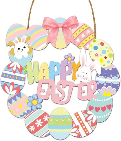 علامة باب بيضة عيد الفصح - زينة عيد الفصح السعيد مع إكليل خشب بيض الأرنب للباب الأمامي ونافذة الشرفة ديكور معلق على الحائط، ديكور الربيع للمنزل in Kuwait