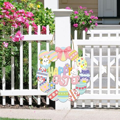 علامة باب بيضة عيد الفصح - زينة عيد الفصح السعيد مع إكليل خشب بيض الأرنب للباب الأمامي ونافذة الشرفة ديكور معلق على الحائط، ديكور الربيع للمنزل in Kuwait