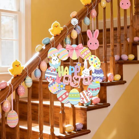 علامة باب بيضة عيد الفصح - زينة عيد الفصح السعيد مع إكليل خشب بيض الأرنب للباب الأمامي ونافذة الشرفة ديكور معلق على الحائط، ديكور الربيع للمنزل in Kuwait