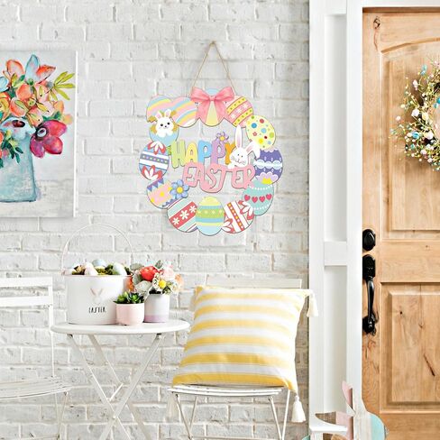 علامة باب بيضة عيد الفصح - زينة عيد الفصح السعيد مع إكليل خشب بيض الأرنب للباب الأمامي ونافذة الشرفة ديكور معلق على الحائط، ديكور الربيع للمنزل in Kuwait