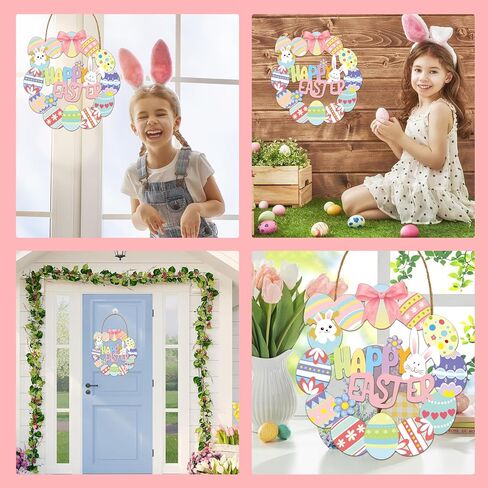 علامة باب بيضة عيد الفصح - زينة عيد الفصح السعيد مع إكليل خشب بيض الأرنب للباب الأمامي ونافذة الشرفة ديكور معلق على الحائط، ديكور الربيع للمنزل in Kuwait