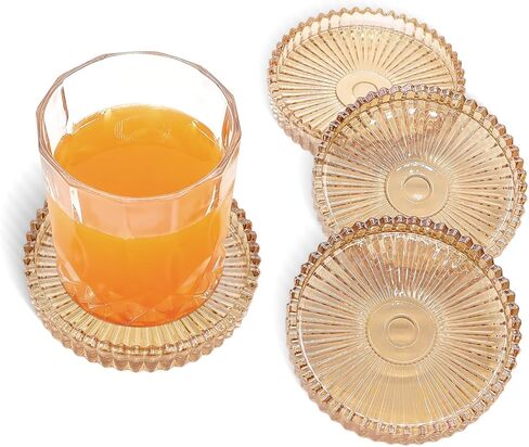 Round Modern Clear Coasters Set of 4, VIBRATITE 4 Inch Glass Cup Coaster Modern Crystal Coasters for Drinks Coffee Office Bar Kitchen Home Wedding Party Decor (Amber) in Kuwait