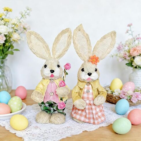 تماثيل أرنب عيد الفصح - 30.48 سم، أصفر، عبوتان - تماثيل أرنب السيزال وأرنب أرنب المزارع لتزيين طاولة الحديقة وديكور الحفلات الخارجية in Kuwait