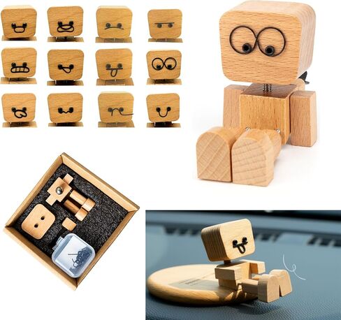 Shaking Feet Wooden Man Figurine with Spring Legs, Cute Wobbly Wooden Statue for Car Dashboard & Desk Decor, Customizable Face Expression Doll with Storage Box, Fun Gift for Drivers & Friends in Saudi Arabia
