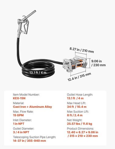 VEVOR Fuel Transfer Pump, 12V DC 15 GPM, Cast Iron Diesel Transfer Pump Kit, with Manual Shut-Off Nozzle, Discharge Hose, Overheat Protection, 1/3 HP Explosion-Proof, for Gasoline Diesel Kerosene in Saudi Arabia