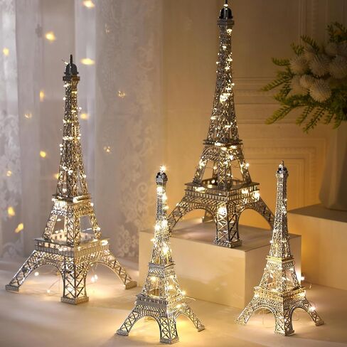 4 Pcs Eiffel Tower Statue Decor 15 Inch 10 Inch Metal Collectible Figurine Paris Themed Eiffel Tower Cake Topper with 2 Light Strings for Party Table Centerpiece Kitchen Decoration (Black) in Saudi Arabia