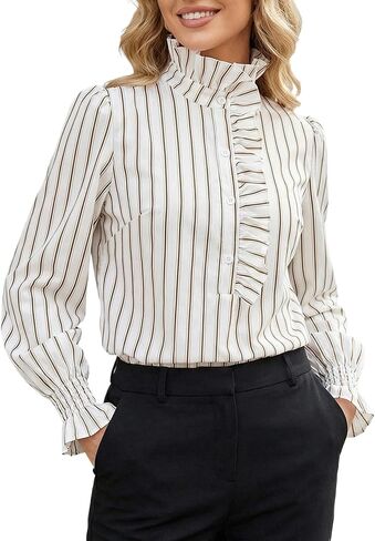 GORGLITTER Women's Striped Ruffle Blouse Button Down Mock Neck Shirt Long Sleeve Dressy Casual Work Office Shirts in Saudi Arabia