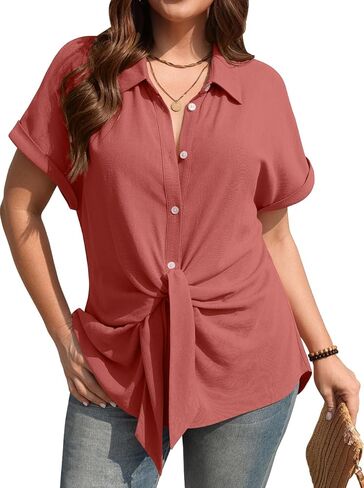 TARSE Women Linen Shirt Tie Front Button Down Shirt Collared Short Sleeve Blouse Casual Summer Tops in Kuwait