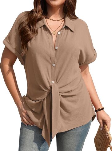 TARSE Women Linen Shirt Tie Front Button Down Shirt Collared Short Sleeve Blouse Casual Summer Tops in Saudi Arabia