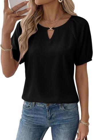 EVALESS Womens Dressy Casual Tops Trendy Business Work Blouses Pleated Keyhole Short Sleeve Summer Shirts in Saudi Arabia