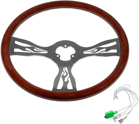Mytee Products 18" Wood Truck Steering Wheel with 4 Chrome Spokes – Dark Brown Hydro-Printed Finish, Universal Fit for Kenworth, Peterbilt & Freightliner Semi-Trucks in Saudi Arabia