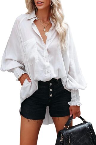 Button Down Shirts for Women Oversized Smocked Cuffed Collared Boyfriend Shirt Long Sleeve Blouse Tunic Top with Pocket in Kuwait
